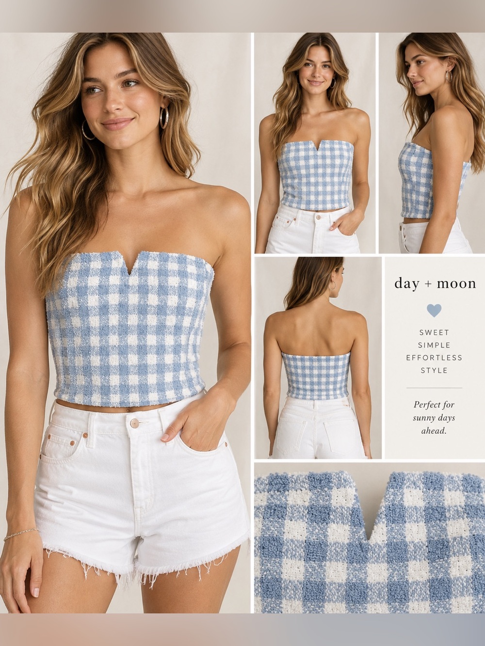 NWT Day + Moon Blue & White Gingham Strapless Crop Top M